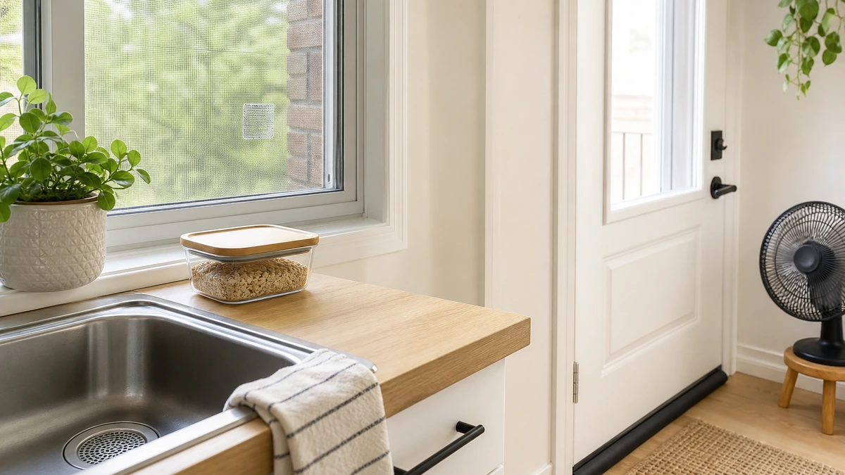 Bright home entry and kitchen area with window screen, door sweep, drain cover, sealed food container, and small fan