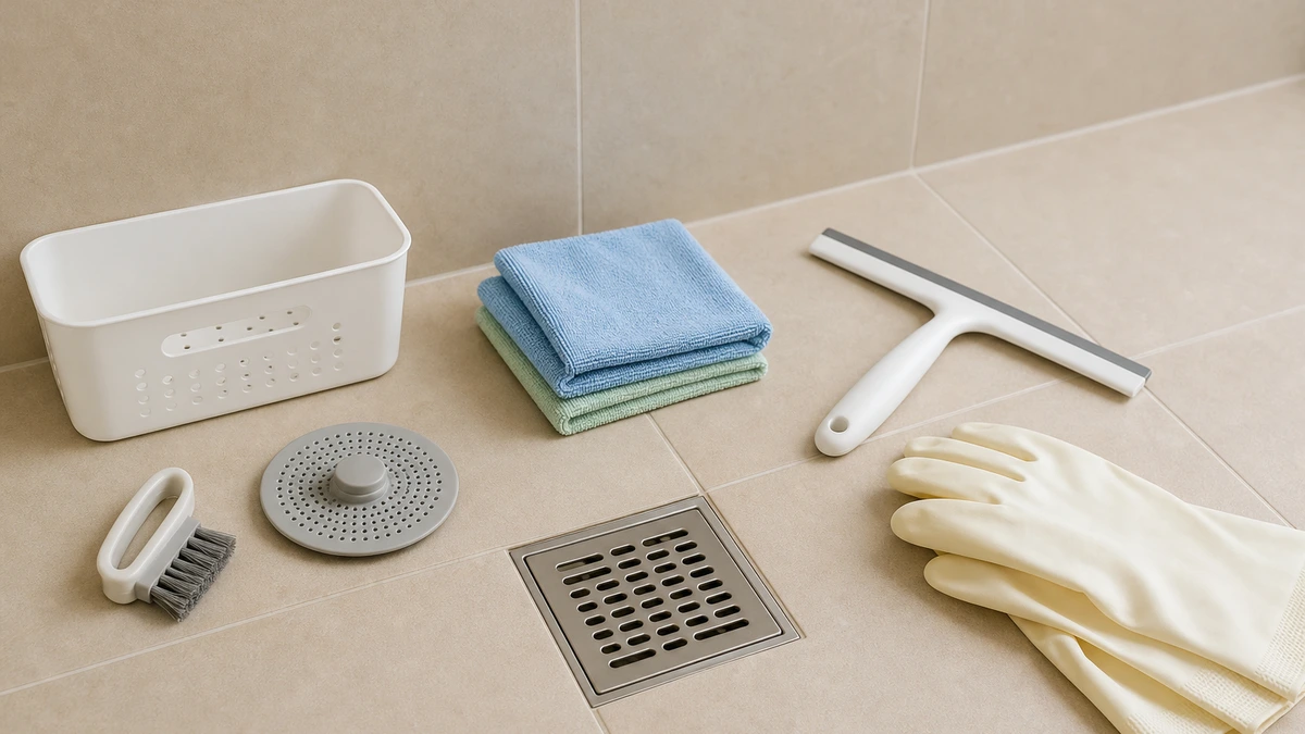 Bathroom cleaning tools on a tiled floor beside a drain, including a squeegee, brush, microfiber cloths, gloves, and drain strainer
