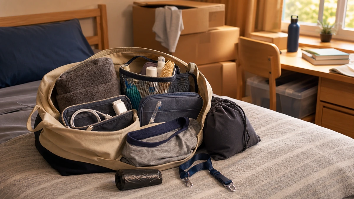 Dorm first-night kit on a bed with shower tote, charger pouch, towel, laundry bag, key lanyard, and moving boxes
