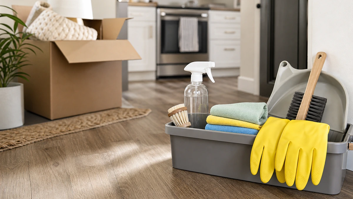 Cleaning caddy with microfiber cloths, gloves, spray bottle, scrub brush, and dustpan in a small apartment with moving boxes