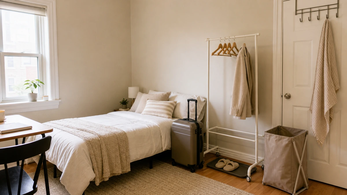 Small guest bedroom with a rolling garment rack, suitcase, shoe tray, and foldable hamper for temporary no-closet storage