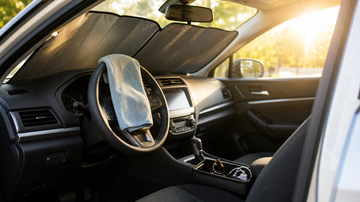 Parked car interior with windshield sun shade and towel over steering wheel in summer sunlight