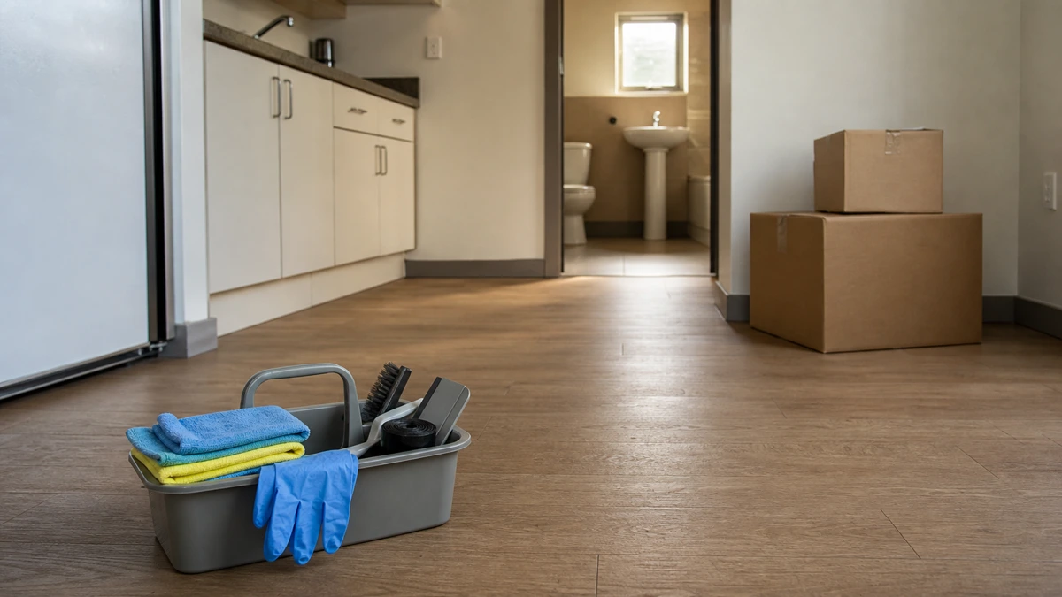 Cleaning caddy with microfiber cloths and gloves in an empty rental apartment before move-out