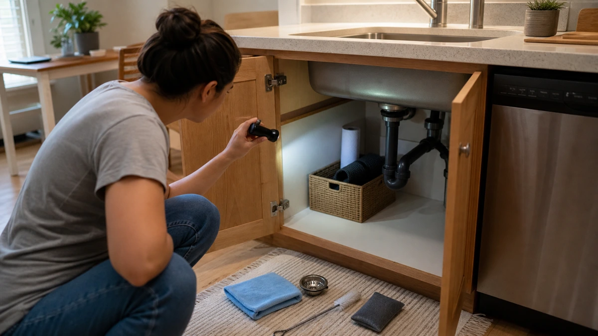 Renter checking the cabinet under a kitchen sink with a flashlight for the source of a musty smell