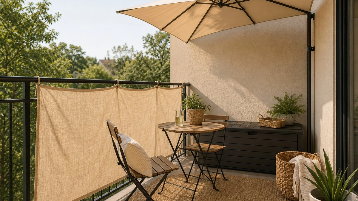 Small rental balcony with patio umbrella, shade cloth, bistro table, and outdoor storage