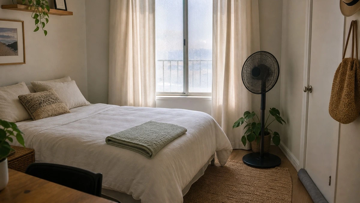 Small bedroom with light curtains, a fan, breathable bedding, and a door draft stopper during summer heat