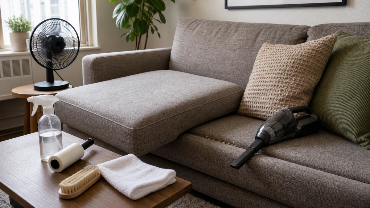 Small apartment couch cleaning setup with a fabric sofa, crevice nozzle, lint roller, soft brush, spray bottle, white cloth, and fan