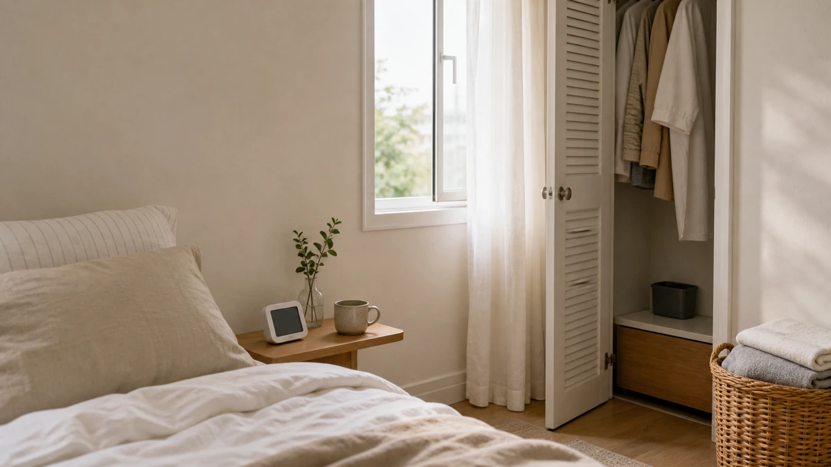 Small apartment bedroom with an open window, open closet, and a hygrometer for checking humidity before buying a dehumidifier