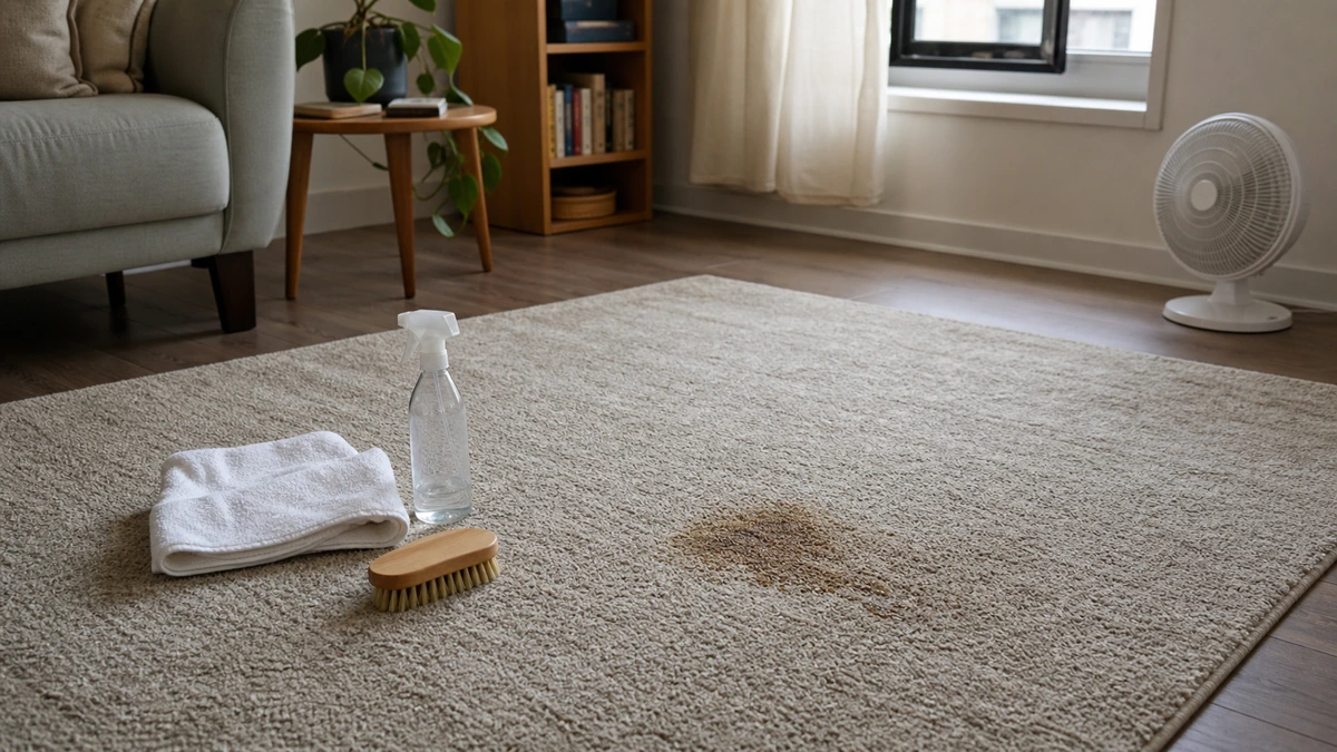 Small apartment rug spot cleaning setup with spray bottle, white towel, soft brush, and fan by a window