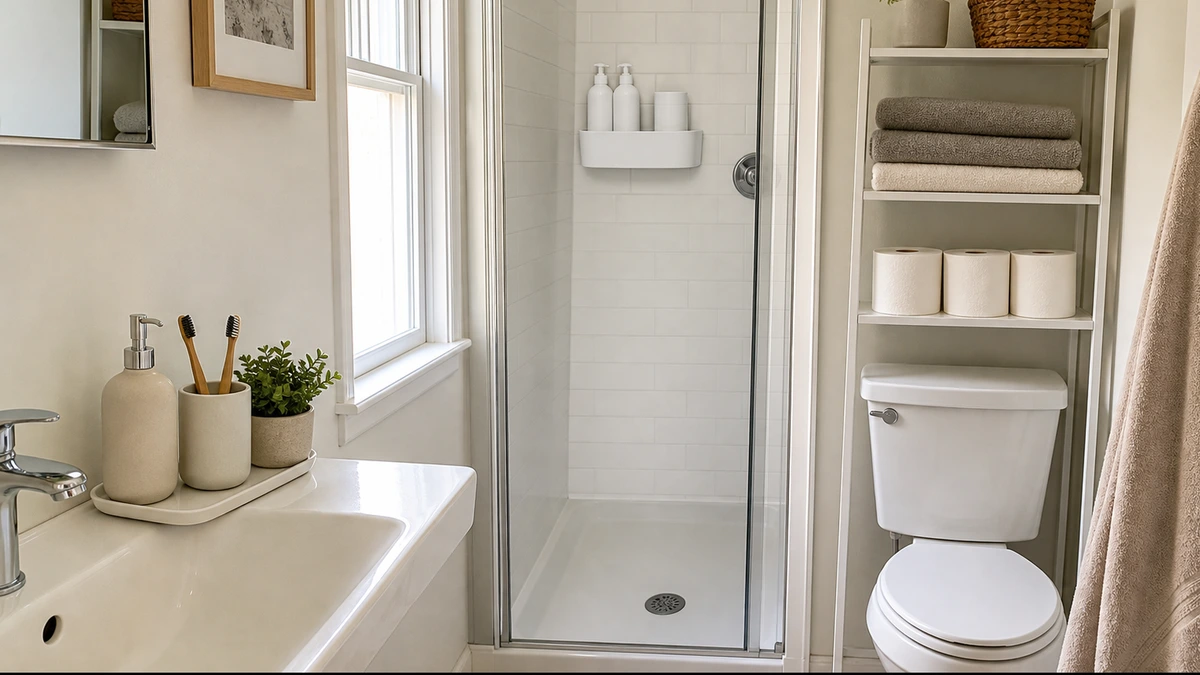 Small rental bathroom with no-drill storage shelves, tray, towels, and shower caddy