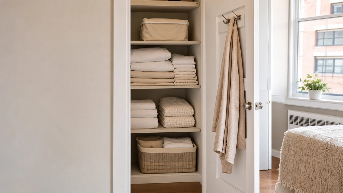 Small linen closet with folded sheets, towels, breathable storage, and a cardigan on an over-door hook