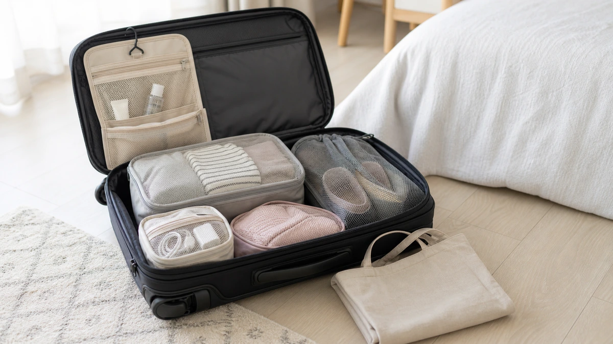 Open carry-on suitcase neatly packed with packing cubes, toiletry pouch, cable organizer, laundry bag, and folded tote