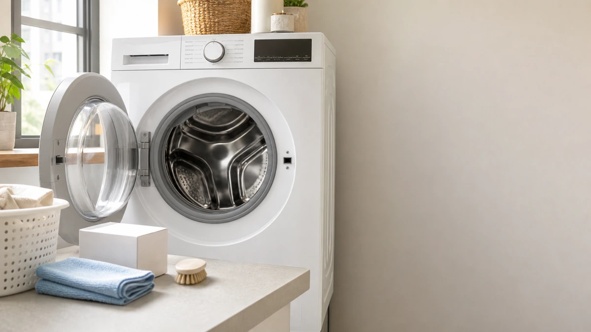 Small laundry nook with an open front-load washer, microfiber cloth, soft brush, and cleaner tablet box for a musty washer reset
