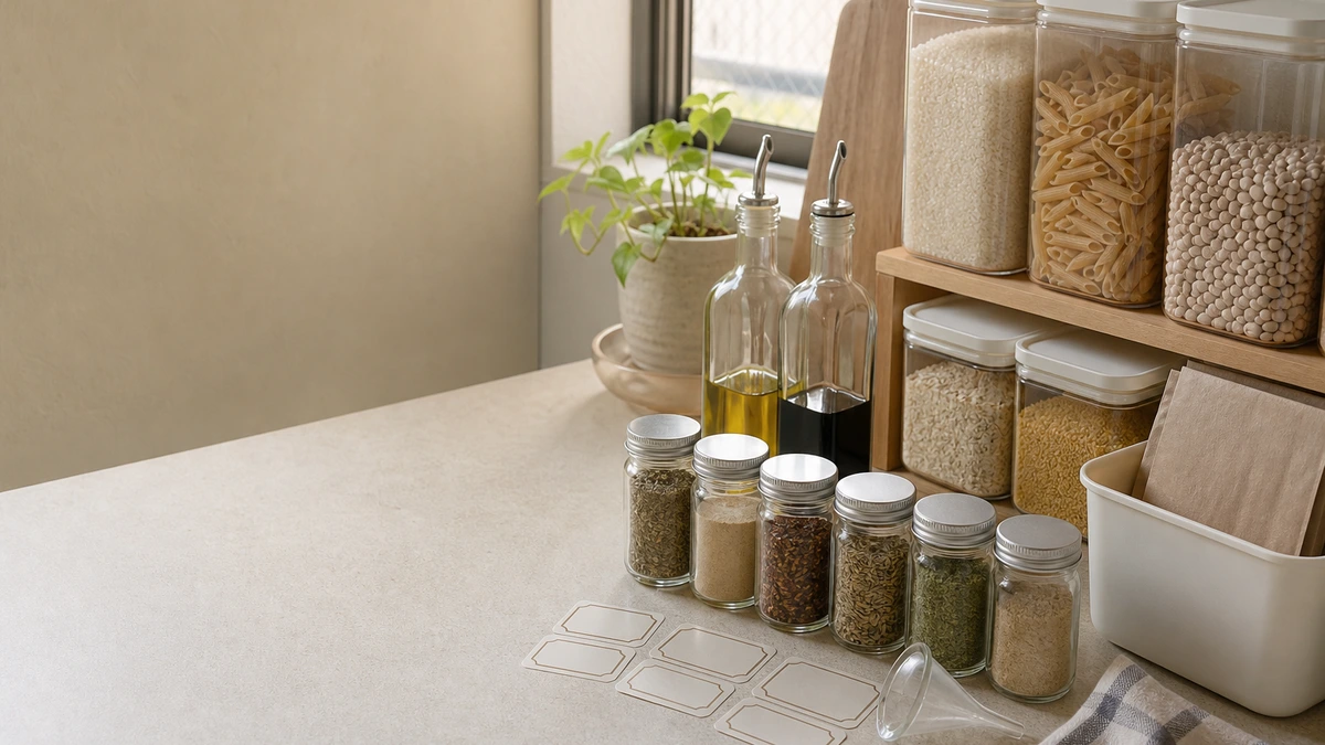 Organized kitchen refill station with spice jars, oil bottles, pantry containers, and refill supplies