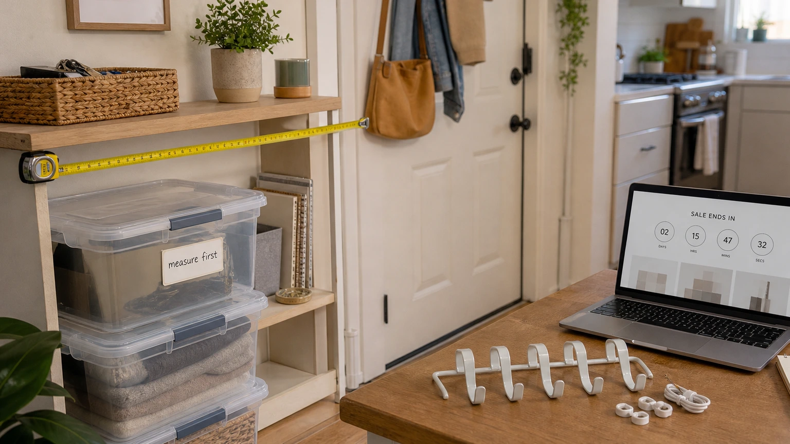 Small apartment shelf with storage bins, a measuring tape, over-door hooks, and a laptop sale countdown
