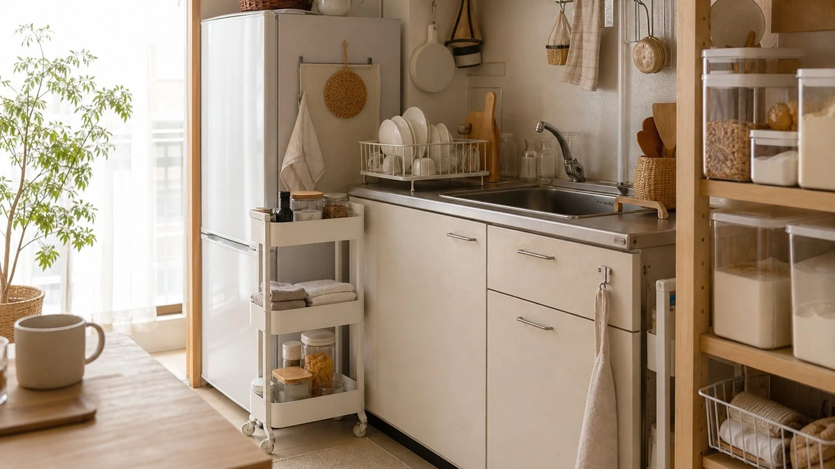 Small kitchen with a dish rack, slim rolling cart, and organized pantry storage
