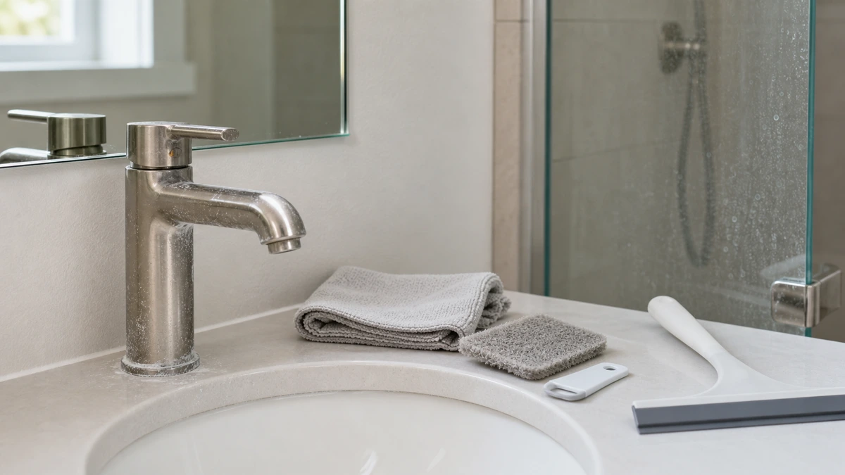 Bathroom faucet with hard-water spots beside a microfiber cloth, gentle scrub pad, plastic scraper, and small squeegee on a clean vanity