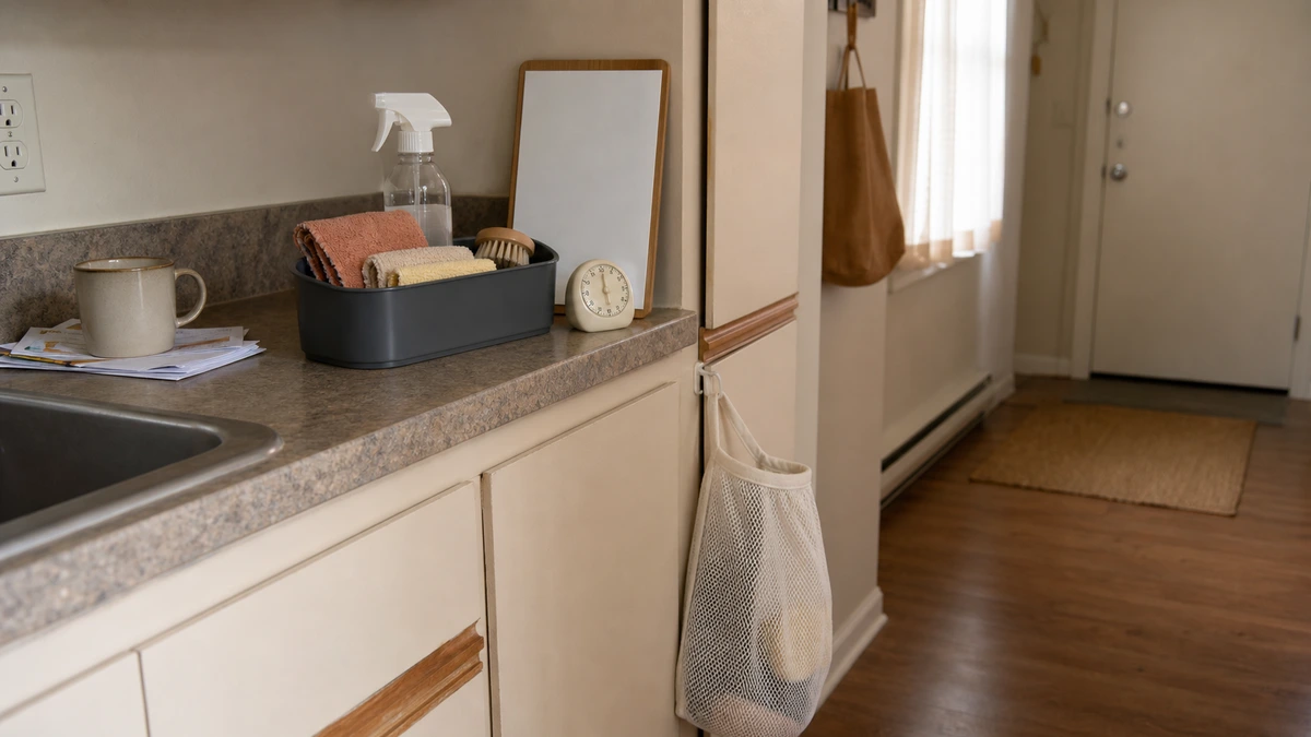 Small apartment kitchen cleaning reset station with caddy, microfiber cloths, blank checklist board, timer, and mesh laundry bag