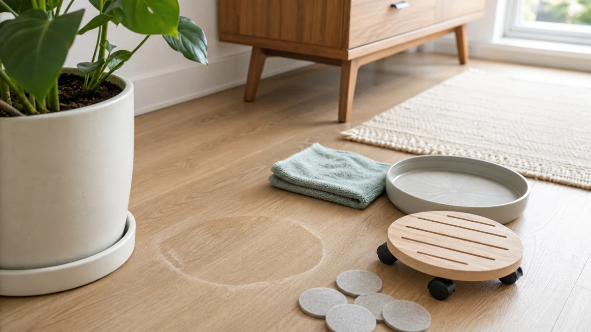Indoor plant pot moved aside on a wood floor showing a pale water ring, with a microfiber cloth, drip tray, rolling plant caddy, and felt pads nearby