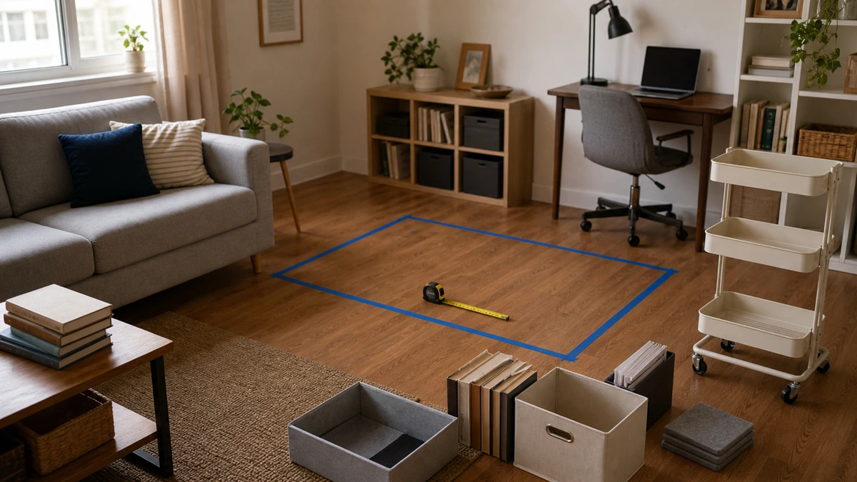Small apartment floor marked with painter tape for a potential bookcase footprint, with measuring tape, books, storage bins, and a rolling cart nearby