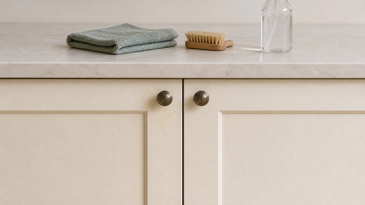 Lower kitchen cabinet doors with correctly placed upper knobs, microfiber cloth, soft brush, and spray bottle for cabinet grease cleaning