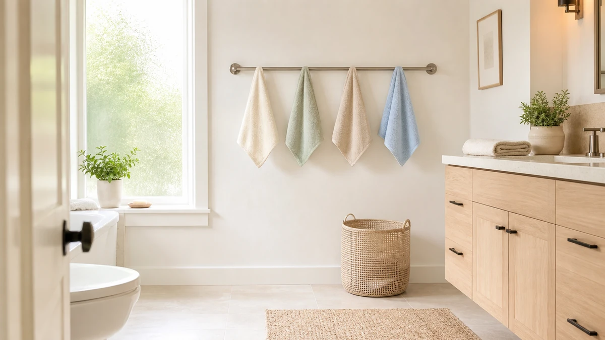 Four washcloths drying separately on a wall rail in a bright airy bathroom